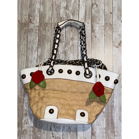 Vintage Betsey Johnson Leather Shoulder Bag Brass Handles Leopard Cheetah - Picture 1 of 15